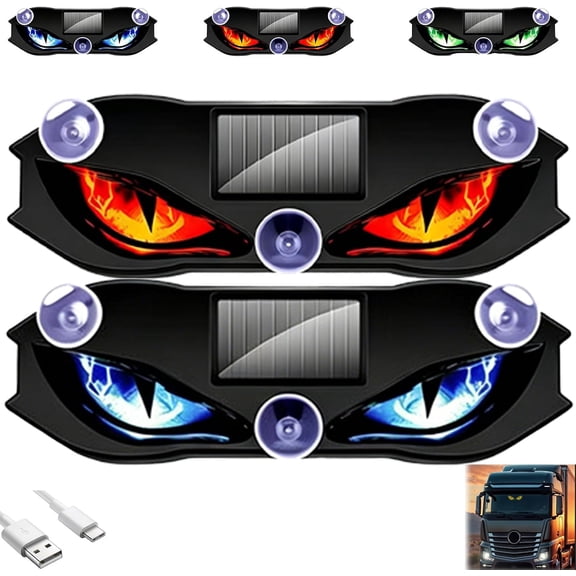 Solar Demon Eye Car Light LED Windshield Night Visibility Decoration Dual Charging No Drill for SUV Truck RV ( Red/Blue) 2Pcs