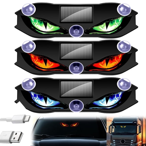 Solar Demon Eye LED Car Window Light, Devil Eye Light For Windshield Suction Cup, Dynamic Breathing Effect With Solar USB Charging (3Pcs)
