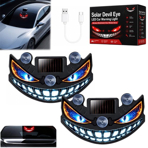 Solar Devil Eye LED Car Warning Light Wireless Windshield Rear Window Decor | Wireless Solar Light Decor to Rear Windows on Cars (ORANGE, 2PCS)