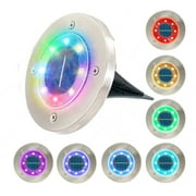Solar Disc Powered COLOR Changing 8 LED Disk Path Ground Lights W/ Diffusing Lens - 7 Color Changing Stainless Steel Waterproof Garden Landscape Spike Yard Lights - 4 Pack - RGB Color Changing