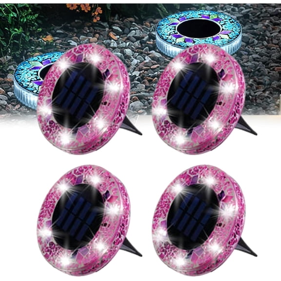 Solar Disk Light Mosaic, Waterproof Outdoor Glass LED Garden Stake Lighting, Colorful Landscape Yard Decor for Walkway Patio & Lawn, Auto On/Off Decorative Driveway Lamps(Purple-4pcs)