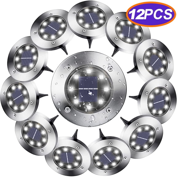 Solar Disk Lights Outdoor, 8 LED Bulbs Solar Ground Lights Outdoor Waterproof for Garden Yard Patio Pathway Lawn Driveway - White(12 Pack)