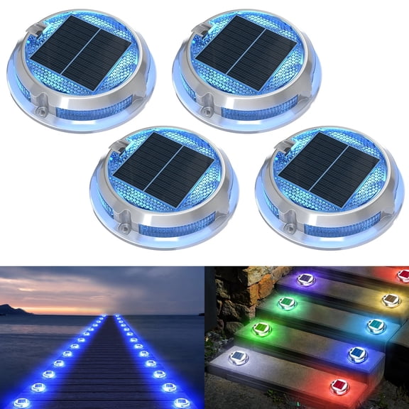 Aship Solar Dock Lights 4 Pack, 11 Lighting Modes LED Solar Deck Lights, IP68 Waterproof Solar Driveway Lights for Garden Pathway Driveway Step Dock Ground