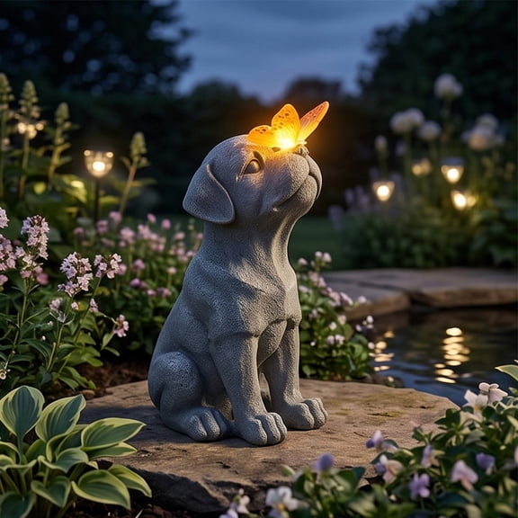 Solar Dog Garden Statue, 9.8 Inch Resin Dog Figurine with LED Butterfly on Nose, Outdoor Garden Decor for Patio Yard Christmas Gift
