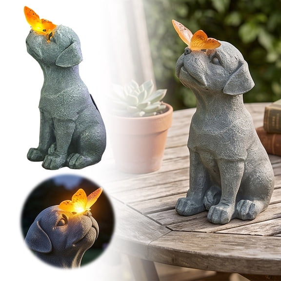 Solar Dog Garden Statue with LED Light Resin Animal Figurine Cute Puppy Sculpture Outdoor Decoration for Yard Patio Lawn Porch Balcony Flower Bed and Housewarming Gift for Dog Lovers
