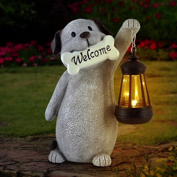 Solar Dog Garden Statue with Lantern Light 9.2in Outdoor Dog Figurine for Yard Patio Garden Decor, Cute Memorial Gift for Women Mom