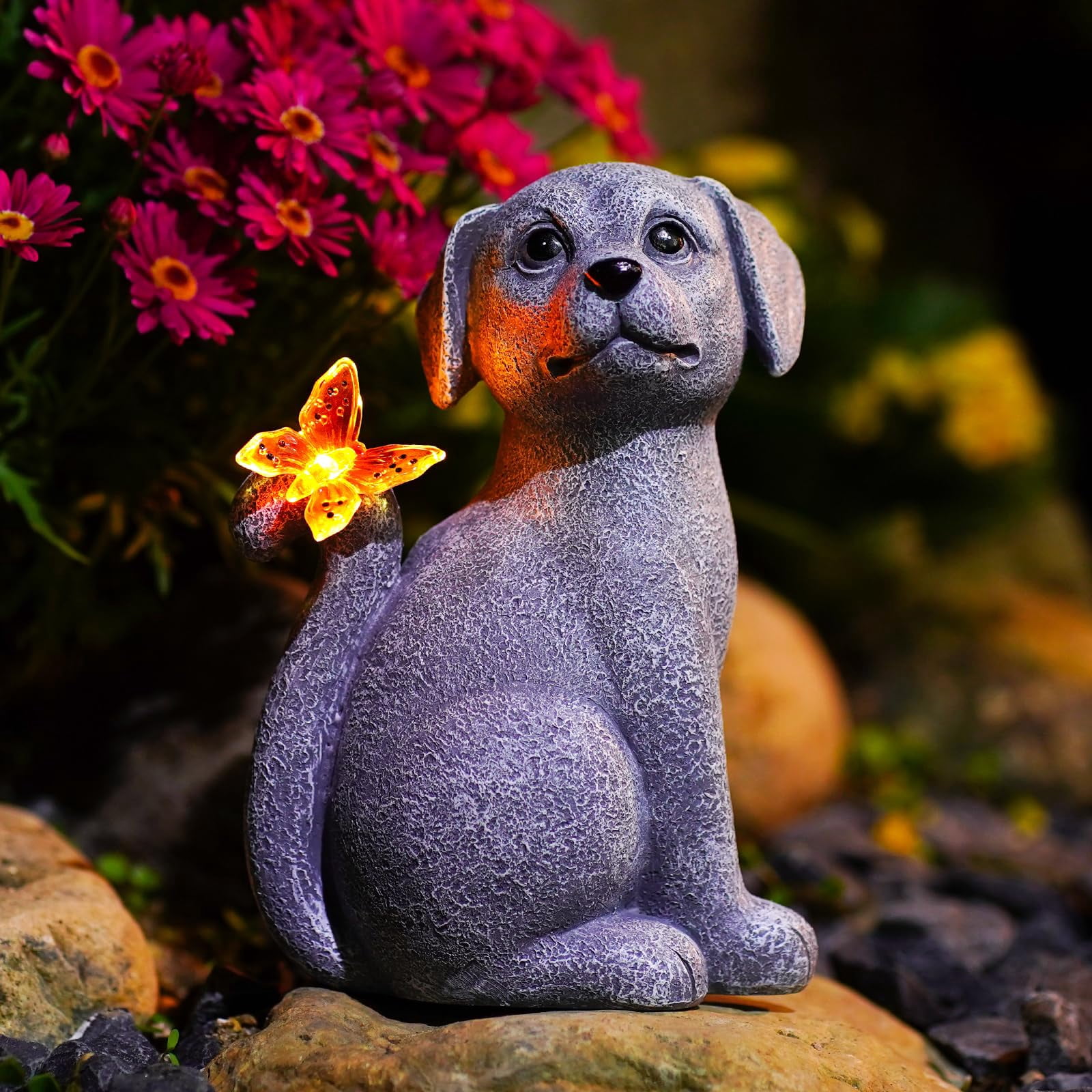 Solar Dog Outdoor Statues For Garden: Outside Decor With Butterfly Clearance Yard Art Lawn Ornaments Patio Balcony Home House Mom Grandma Women