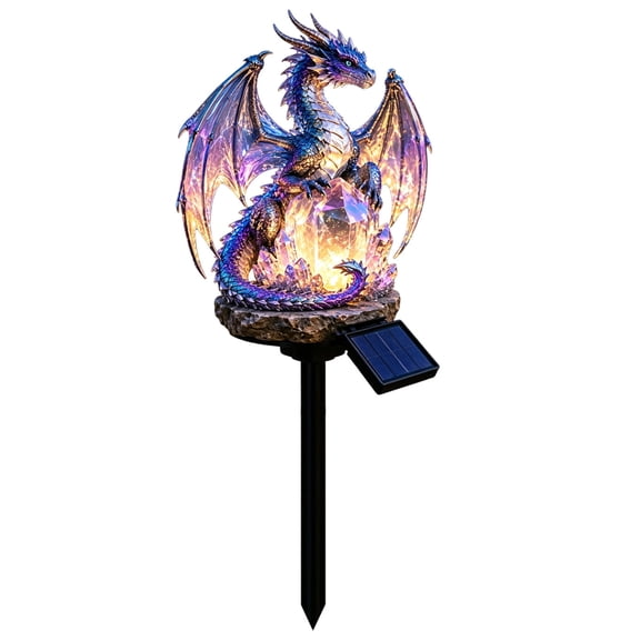 Solar Dragon Crystal Garden Light, Fantasy Crystal Core Winged Dragon Yard Stake, Rustic Rock Base Sculpture Matching Rustic, Gothic And Mystical Outdoor Design Themes