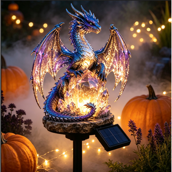 Solar Dragon Crystal Garden Light, Gothic Medieval Fantasy Decor for Halloween, Unique Gift for Dragon Lovers, Ornament Patio
