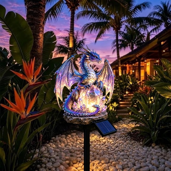 Solar Dragon Crystal Garden Light, Scratch-Resistant Molded Resin Crystal Dragon Stake, Preserves Fine Sculpt Details Through Extended Months Of Outdoor Exposure
