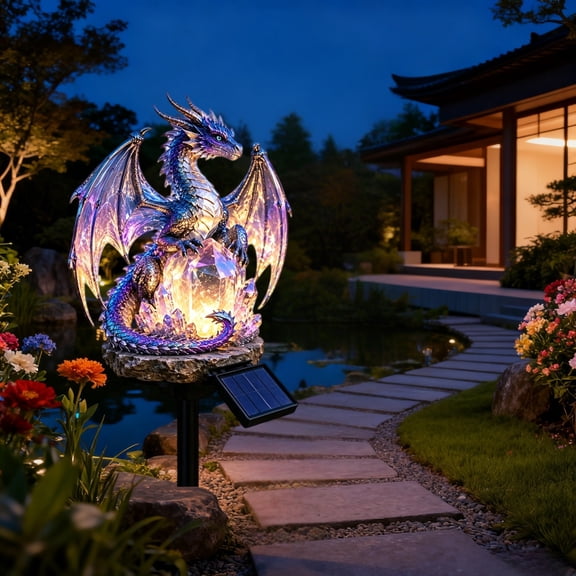 Solar Dragon Crystal Garden Light, Wing Spanned Dragon Resting On Illuminated Crystal Core Solar Stake, Distinct Accent For Residential Entryway And Backyard Border Landscaping