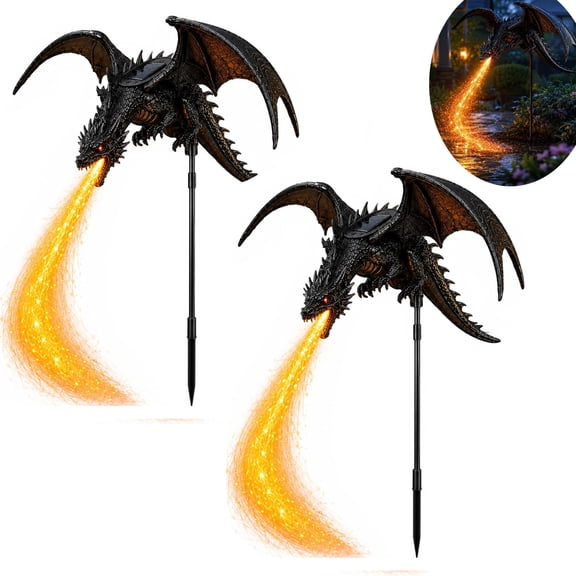 Solar Dragon Fire Garden Light, 2027 New Dragon Garden Statue Stake with Breathing Fiber Optic Flame, Weatherproof Solar Outdoor Decor for Lawn, Pathway, Flower Bed & Patio,2PCS