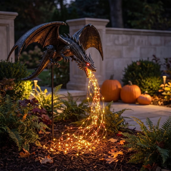 Solar Dragon Fire Garden Light, Fiber Optic Glowing Fire Stream Dragon Figure, Weatherproof SolarOperated Statue for Lawn, Backyard and Halloween Landscaping