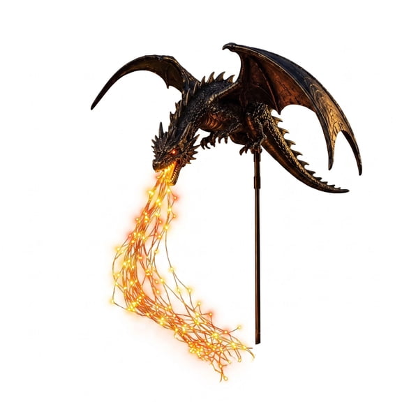Solar Dragon Fire Garden Light, Halloween FireBreathing Dragon Stake Light, Lifelike Black Dragon Sculpture, Waterproof Outdoor Accent for Patio and Garden Pathway