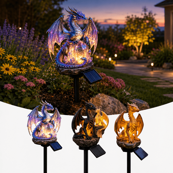 Solar Dragon Garden Light, Gothic Dragon Statue Solar Lamp with Warm LED Glow, Medieval Fantasy Outdoor Decor for Yard Patio Garden, Dragon Lovers Gift, Style B