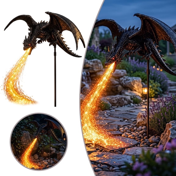 Solar Dragon Garden Stake Light Fire Breathing LED Flame String Gothic Yard Outdoor Lawn Pathway Decor Ornament Weatherproof Sculpture Automatic Charging Halloween Fantasy Landscape