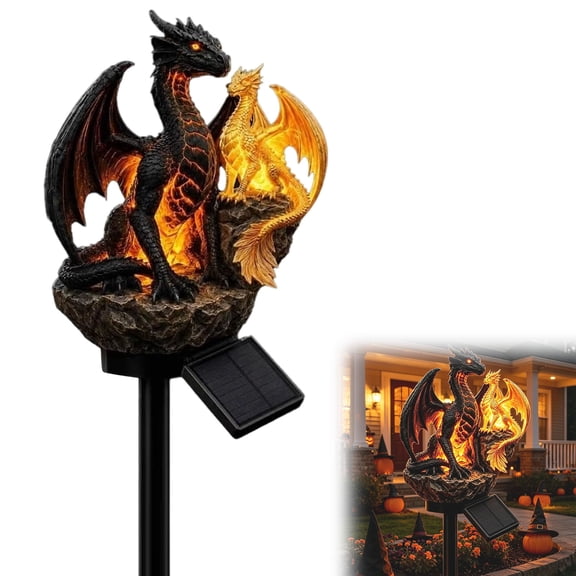 Solar Dragon Garden Statue Lamp Golden Gothic Dragon Ornament for Outdoor Yard, Resin Medieval Creature Light for Patio Halloween Decor