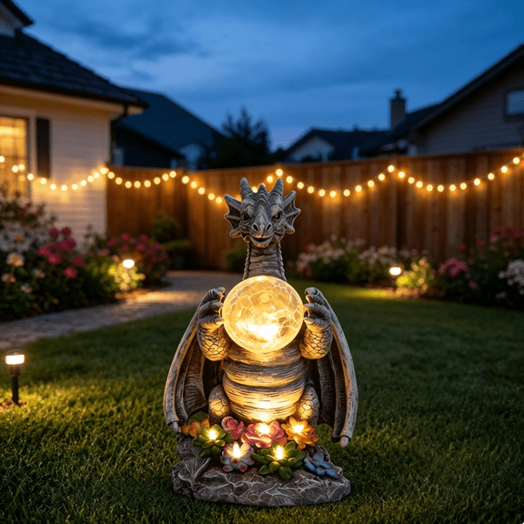 Solar Dragon Garden Statue with Glowing Glass Globe & Succulent Lights, Resin Lawn Art with Cracked Glass Orb, Fairy Garden Style Night Decor