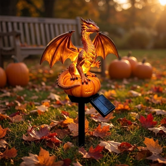 Solar Dragon Pumpkin Stake Lights Outdoor Statue Lamp, Weatherproof Hand Painted Resin Dragon Jack O Lantern Solar Light, Auto Dusk LED Garden Path Stake Light for Fall Halloween Patio Yard Ornament