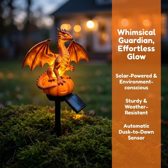 Solar Dragon Pumpkin Stake Lights Outdoor Statue Lamp, Weatherproof Hand Painted Resin Dragon Jack O Lantern Solar Light, Auto Dusk LED Garden Path Stake Light for Fall Halloween Farm Ornament 1Pc