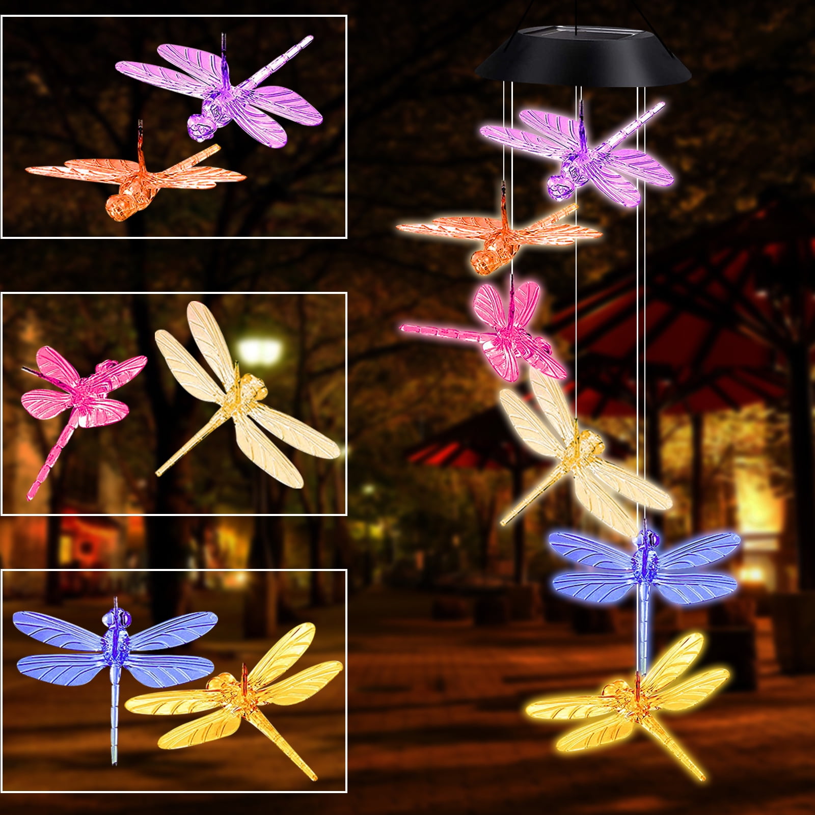 Solar Dragonfly Wind Chimes, Outdoor Color Changing Solar Wind Chimes