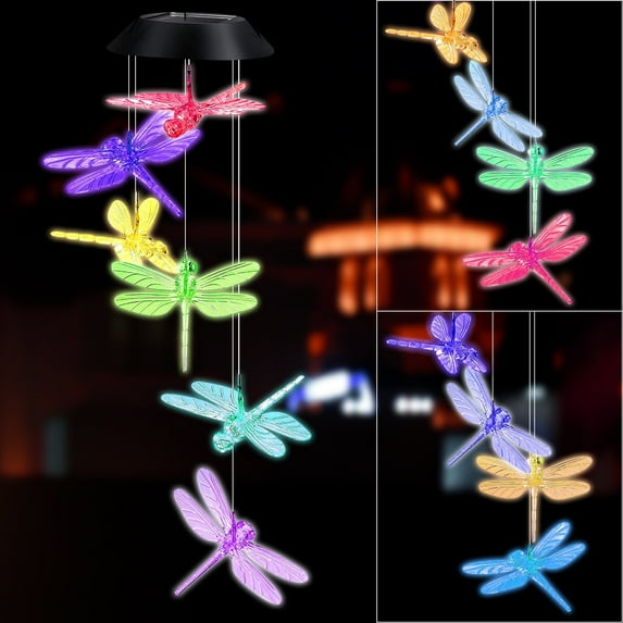 Solar Dragonfly Wind Chimes, Outdoor Color Changing Solar Wind Chimes, Romantic Wind Bell Light Birthday Gifts for Mom Patio Yard Garden Home
