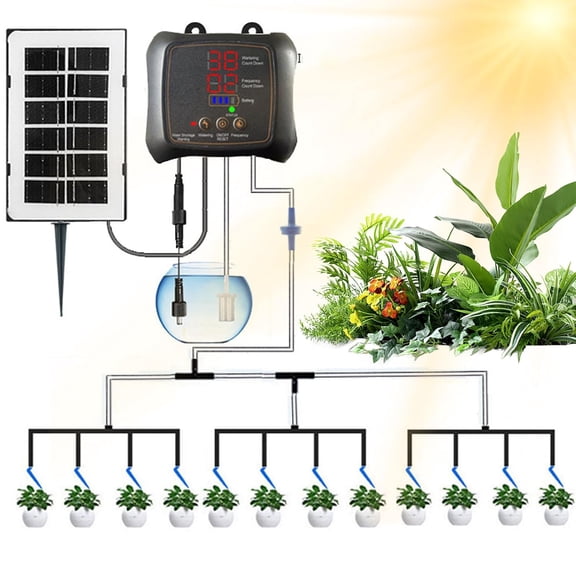 Solar Drip Irrigation Kit, 2026 Solar Powered Automatic Watering System with Timer, 12-Plant Self Watering Kit 900ml/min Flow for Indoor Outdoor Garden Balcony Patio Greenhouse(Q)
