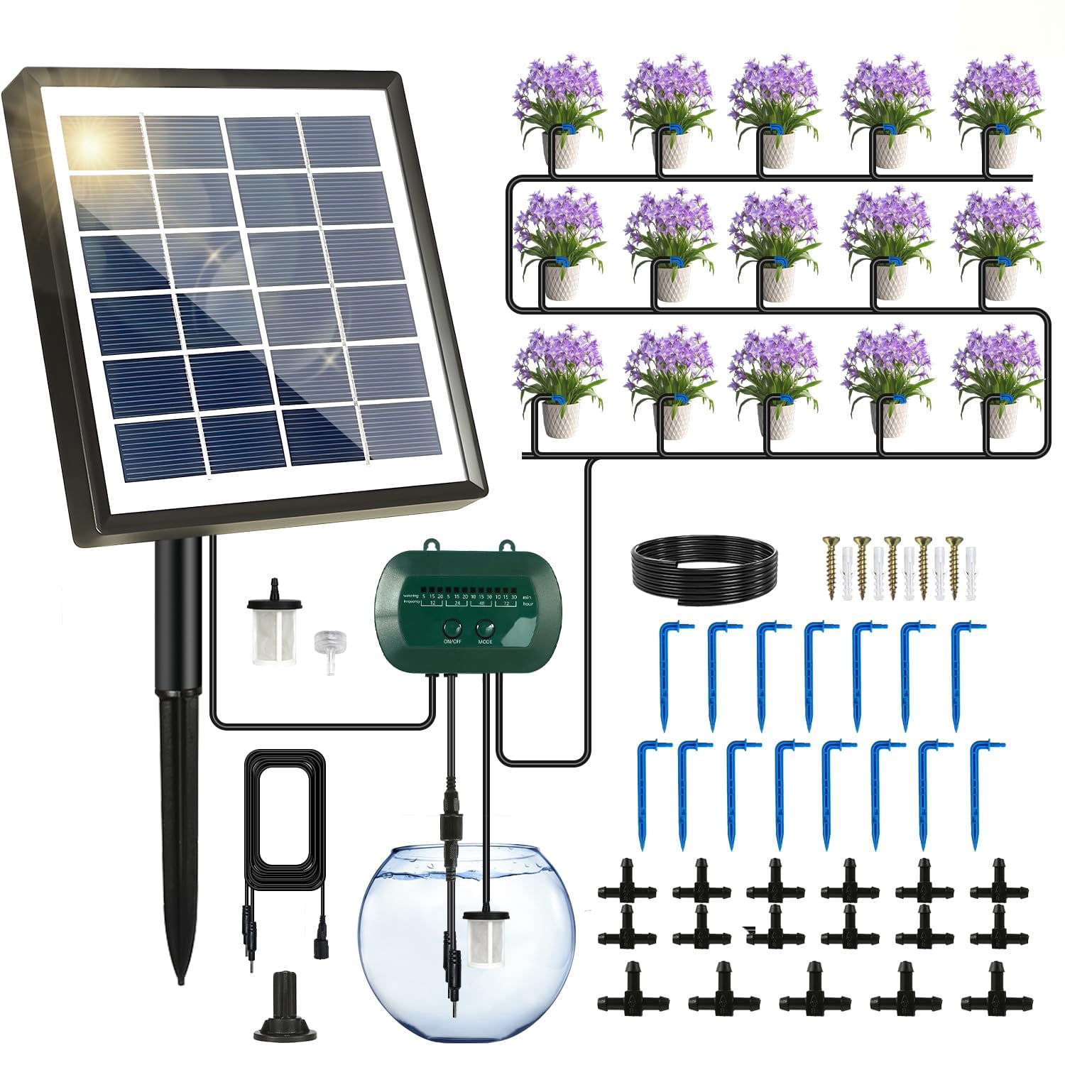 Solar Drip Irrigation Kit 50FT Automatic Garden Watering System with Timer, Draws Water from Container, Supports 15 Pots for Balcony, Patio, Indoor & Outdoor Plants