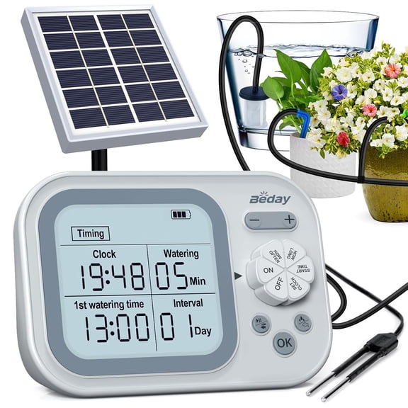 Solar Drip Irrigation System IP67 Waterproof Automatic Plant Waterer with Timer and Solar Panel DIY Garden Irrigation Kit for 15 Plants Vegetable Garden Raised Bed Watering sprinkler timer