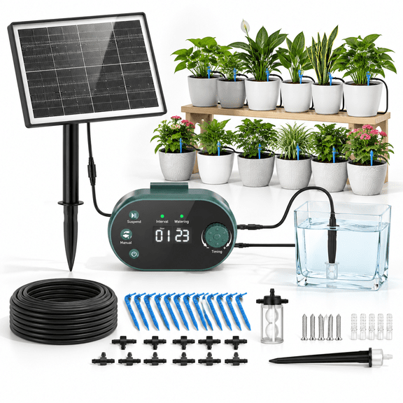 Solar Drip Irrigation System Kit, Green, Auto Waterer for 15 Potted