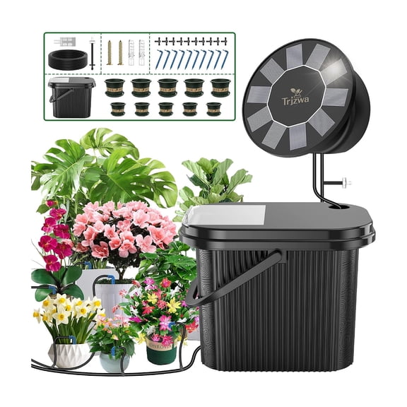 Solar Drip Irrigation System Kit, Powered Auto Plant Watering Device with 10 Pack Plastic Pots(4.5/6) & 3.5 Gallons Handy Bucket for Carry