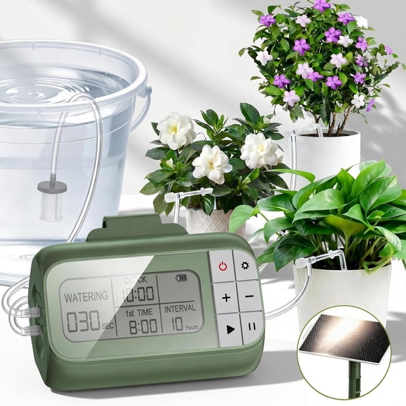Solar Drip Irrigation System Timed Watering Water For 15 Plants Kit With 33ft 1/4'' Tube 15x Tee Fitting Flow Valve Stake(solar Powered)