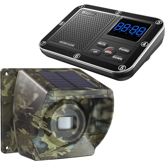 Solar Driveway Alarm Wireless Outside 1800ft Range, Outdoor Motion Sensor & Detector Alert System with Rechargeable Battery/Weatherproof/Mute Mode (1&1-Camouflage)