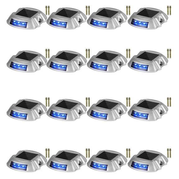 Solar Driveway Lights 16-Pack, Blue LED Dock Lights, Waterproof Solar Deck Lights with Button, Wireless Garden Walkway Lights for Warning, 6 LEDs