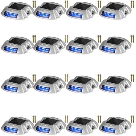 Solar Driveway Lights 16 Pack with Switch Button Waterproof Wireless Dock Lights 6 LEDs Bright Blue for Path Garden Walkway Sidewalk Steps
