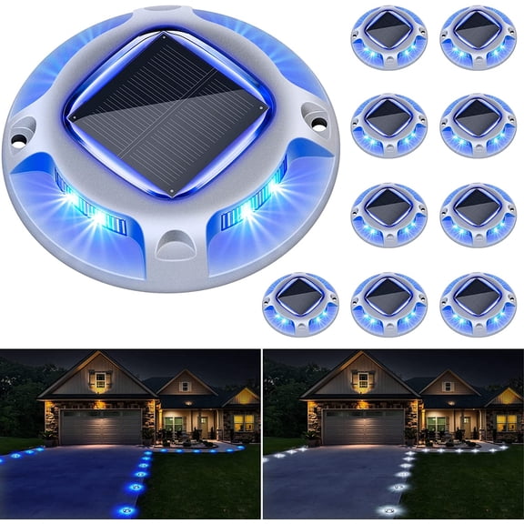 Solar Driveway Lights - , IP68 Waterproof, 2 Color Modes (Blue/White) for Step, Sidewalk, Pathway, Patio, Garden