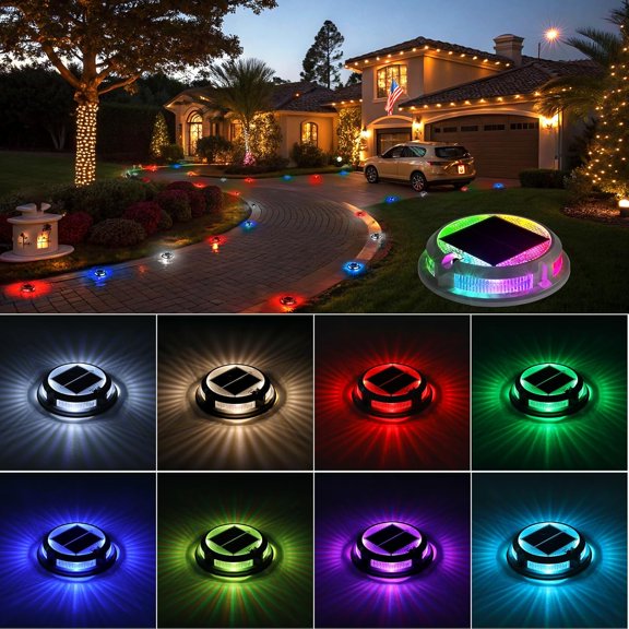 Solar Driveway Lights Outdoor 12 Pack, RGB Colors Solar Deck Dock Lights Outdoor Waterproof IP68, 3 Dynamic Light Modes Driveway Marker for Warning Stair, Boat Dock, Step, Walkway, Garden Decor