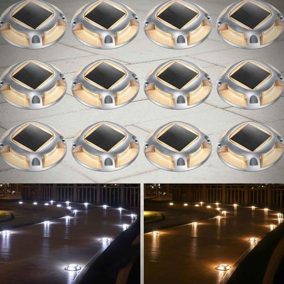 Solar Driveway Lights Outdoor, LED Deck Dock Marine Waterproof Driveway Marker Lights for Step Sidewalk Stair Garden Pathway Walkway Yard (Warm White/Cool White)