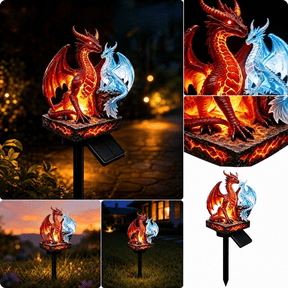 Solar Dual Dragon Garden Stake Light - Red Fire Blue & Ice Dragon Statue with Colorful LED Glow, Waterproof Outdoor Landscape Decoration for Yard Lawn & Pathway (Fire Ice Dragon)
