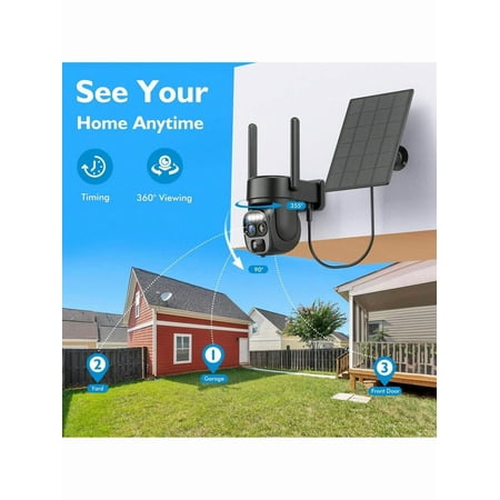 Solar Dual-Lens 360° PTZ Security Camera Wireless Outdoor, 3MP Dual-Screen, IP66 Waterproof, Color Night Vision, Two-Way Talk, PIR Tracking, Spotlight/Siren Alarm, 2.4/5GHz WiFi6, Cloud Storage