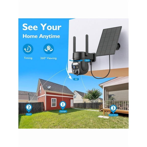Solar Dual-Lens 360° PTZ Security Camera Wireless Outdoor, 3MP Dual-Screen, IP66 Waterproof, Color Night Vision, Two-Way Talk, PIR Tracking, Spotlight/Siren Alarm, 2.4/5GHz WiFi6, Cloud Storage