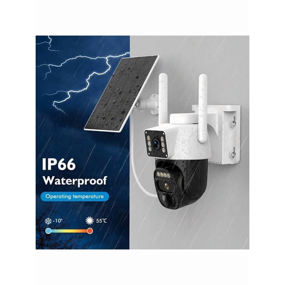 Solar Dual-Lens 360° PTZ Security Camera Wireless Outdoor, 3MP Dual-Screen, IP66 Waterproof, Color Night Vision, Two-Way Talk, PIR Tracking, Spotlight/Siren Alarm, 2.4/5GHz WiFi6, Cloud Storage