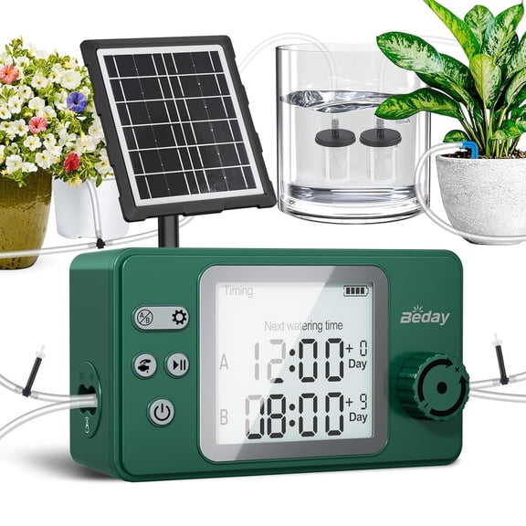 Solar Dual Pump Drip Irrigation System 2-Zone Automatic Watering Kit with Timer & USB Charging, Smart Plant Waterer for Indoor Outdoor Garden Patio