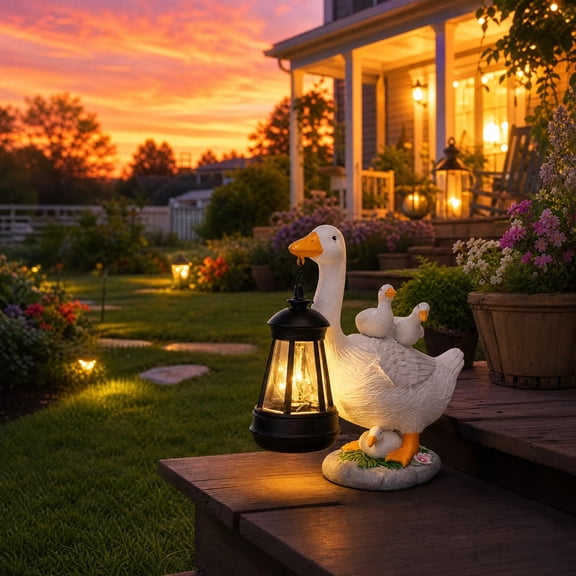 Solar Duck Family Resin Statue with Warm Light, 8 inch Tall Waterproof Outdoor Garden Courtyard Ornament, Decorative Craft for Patio, Pond and Entryway Display