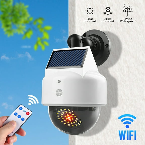 Solar Dummy Fake Camera Security Outdoor,DFITO Solar Powered Simulated Surveillance Cameras with Flashing Red LED Light/CCTV Sticker