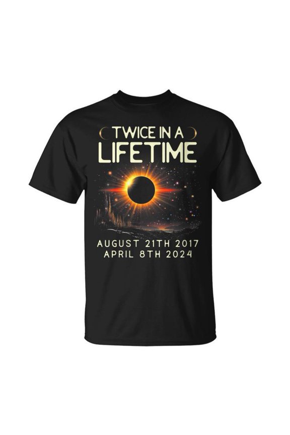 Solar Eclipse 2024 Astronomy Graphic Tee Unisex Adult Cotton Shirt for April 8 Totality Viewing, Twice in a Lifetime Event Casual Outfit, Science Gift Idea, Size M, Color Black