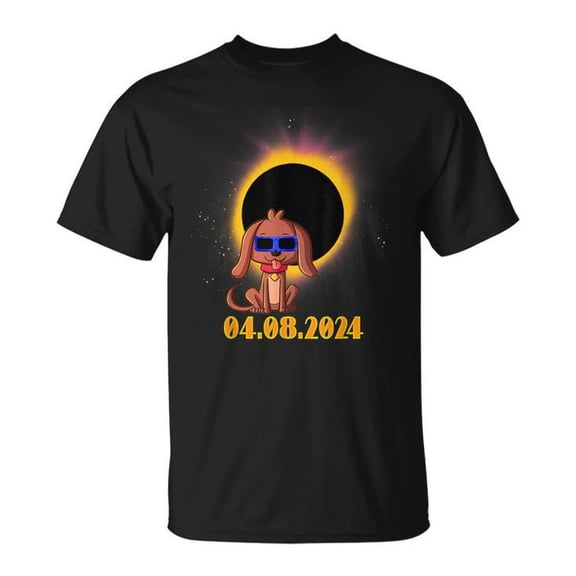 Solar Eclipse 2024 Dog Wearing Eclipse Glasses Cotton Tee Unisex Adult T-Shirt for Casual Wear, Soft Comfortable Fabric, Size M, Color Black