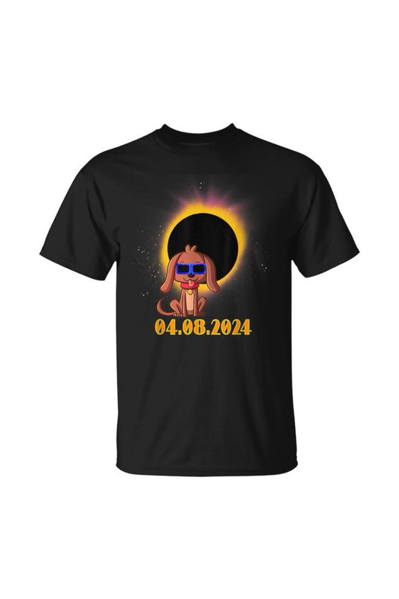 Solar Eclipse 2024 Dog Wearing Eclipse Glasses Cotton Tee Unisex Adult T-Shirt for Casual Wear, Soft Comfortable Fabric, Size S, Color Black