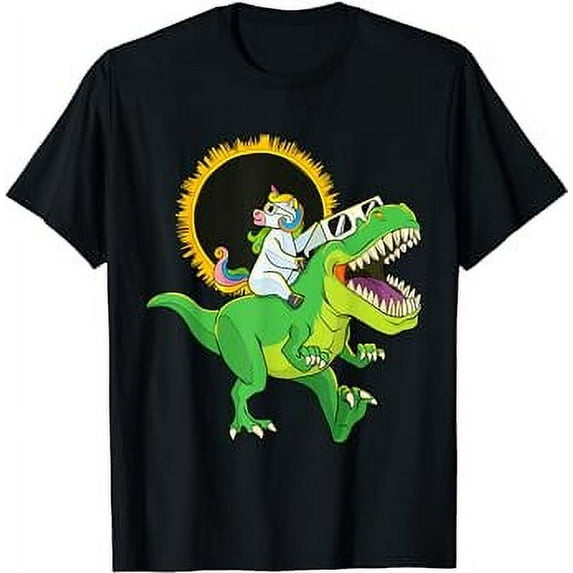 Solar Eclipse 2024 Funny Unicorn Riding T-Rex Dinosaur Boys black T-Shirt