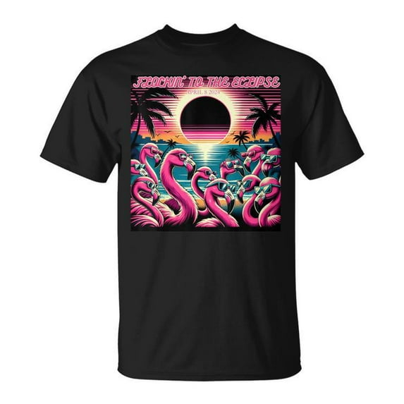Solar Eclipse 2024 Retro Flamingos Flockin' To The Eclipse T-Shirt, Vintage Tropical Bird Celestial Event Tee, April 8 Total Eclipse Fun Graphic Shirt for Men Women
